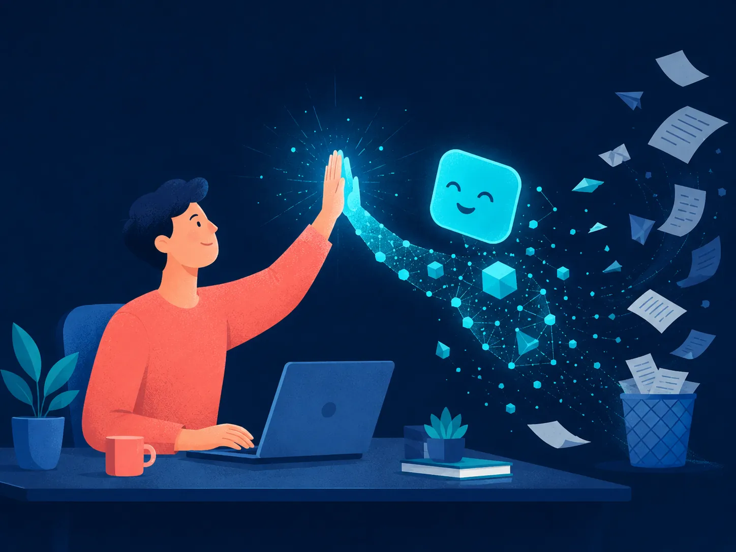 Illustration: a person high-fiving an AI assistant over a laptop