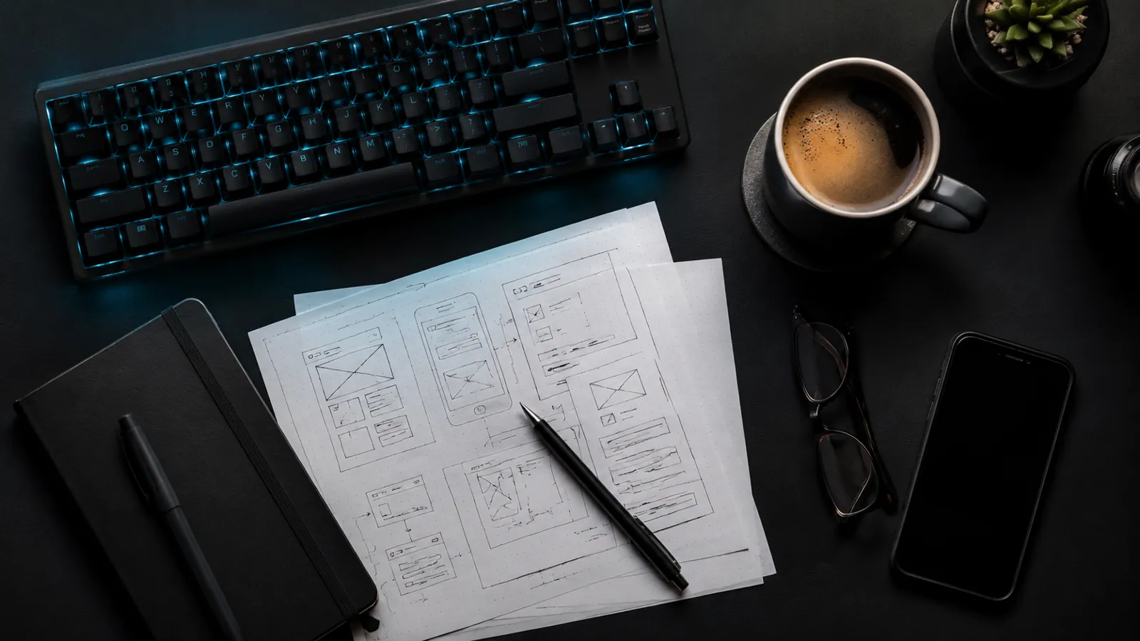 Online store wireframe sketches on a desk