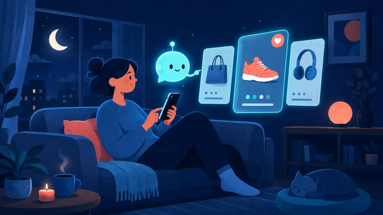 Ilustracja: klientka rozmawia wieczorem z asystentem zakupowym na telefonie