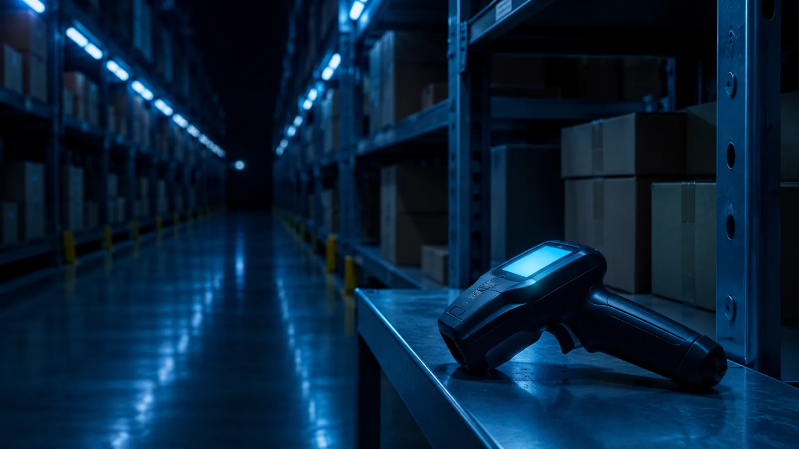 A scanning terminal against a backdrop of warehouse shelving