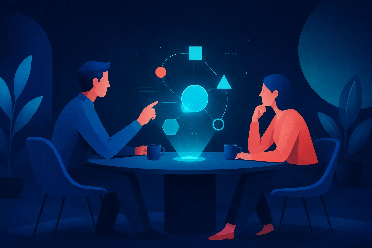 Illustration: discussing a project at a table